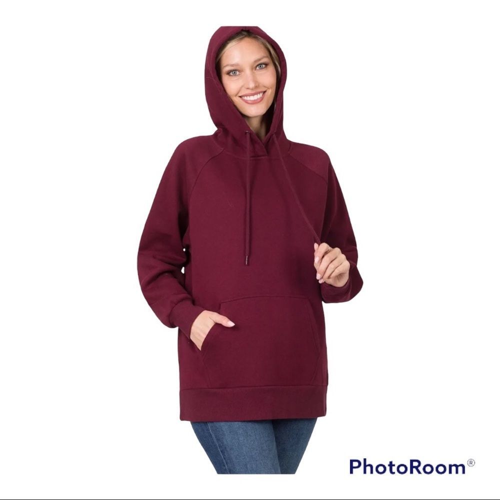 1X burgundy ZENANA RAGLAN SLEEVE KANGAROO POCKET SWEATHOODIE